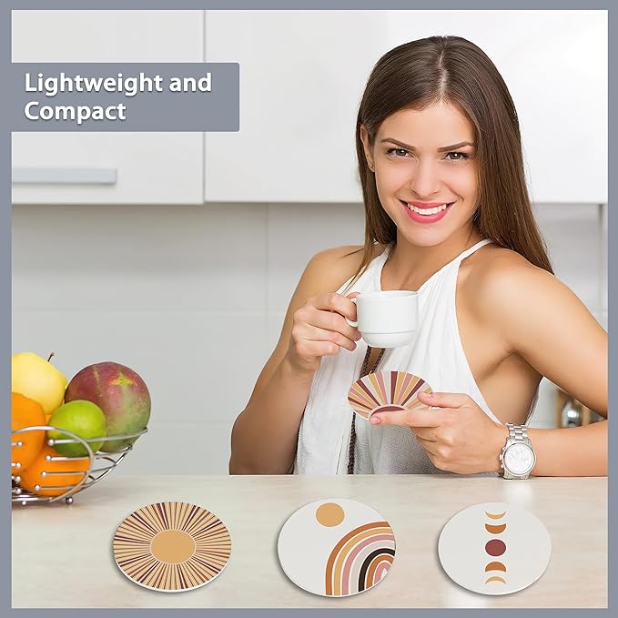 6 Pcs Coasters for Drinks with Holder,Minimalist Geometric Boho Absorbent Coaster with Cork Backing,Great Gift for Housewarming,Room Decor,Bar,Holiday Party