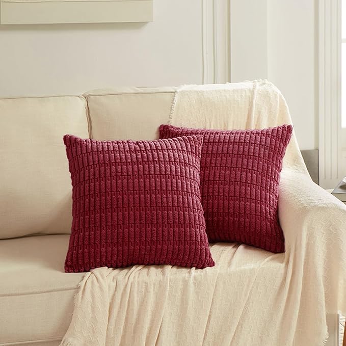 Fancy Homi 2 Packs Christmas Wine Red Decorative Throw Pillow Covers 14x14 Inch for Living Room Couch Bed Sofa, Modern Farmhouse Boho Home Decor, Soft Corduroy Burgundy Square Cushion Case 35x35 cm