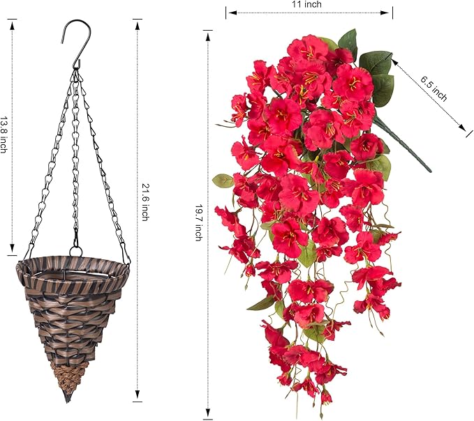 Artificial Fake Hanging Hibiscus Flowers Plants Baskets for Outdoor Decor, Faux Silk Hibiscus Long Vines in Planter UV Resistant Realistic Flowers for Outside Porch Patio Home Decoration, Red