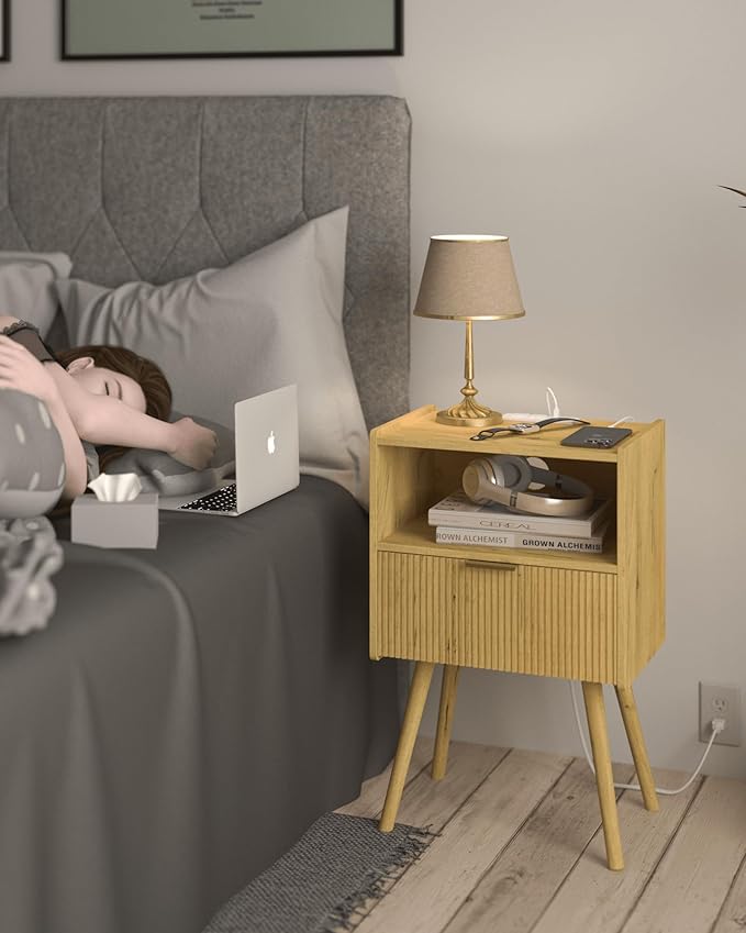 Nightstand with Outlet,Modern Bedside Table with Storage Drawer and Open Wood Shelf, for Living Room, Bedroom and Small Spaces, Accent Night Stand with Solid Wood Legs, Easy Assembly,Yellow Oak