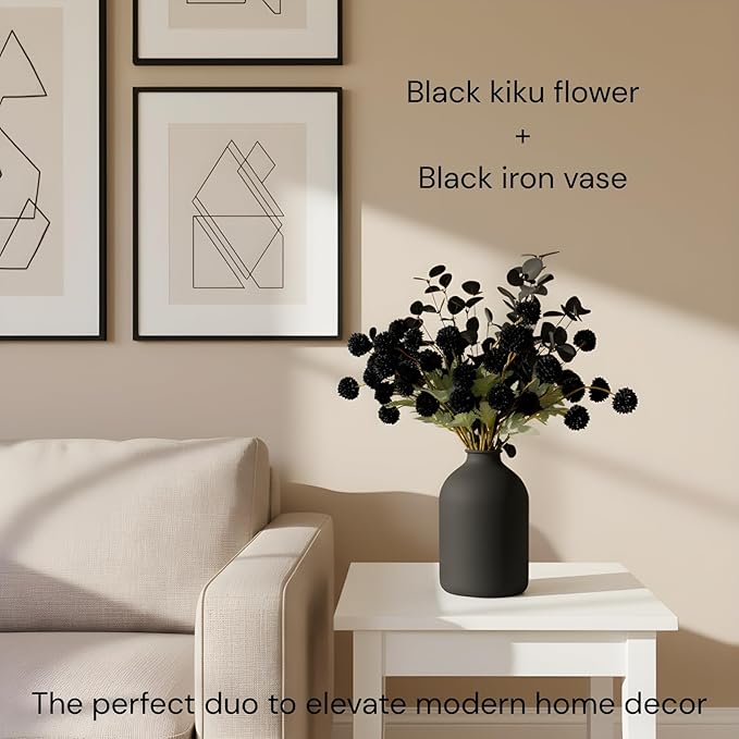 RyddeligHome Black Artificial Flowers for Centerpieces Bulk 10 Long Stems /50 Small Faux Silk Mum Balls + Black Eucalyptus Stems 2 Branches, Fall Boho Halloween Home Decor Indoor, Gothic Flowers