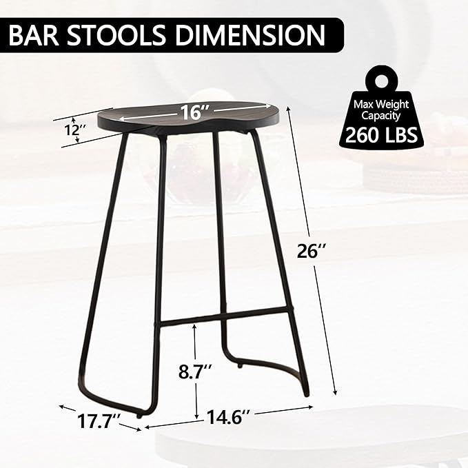HeuGah Barstools Set of 2, 26" Counter Height Bar Stools with Metal Leg, Rustic Backless Bar Stools for Kitchen Island, Wood Bar Chairs with Saddle Seat (Black, 2 PCS 26Inch Counter Chair)