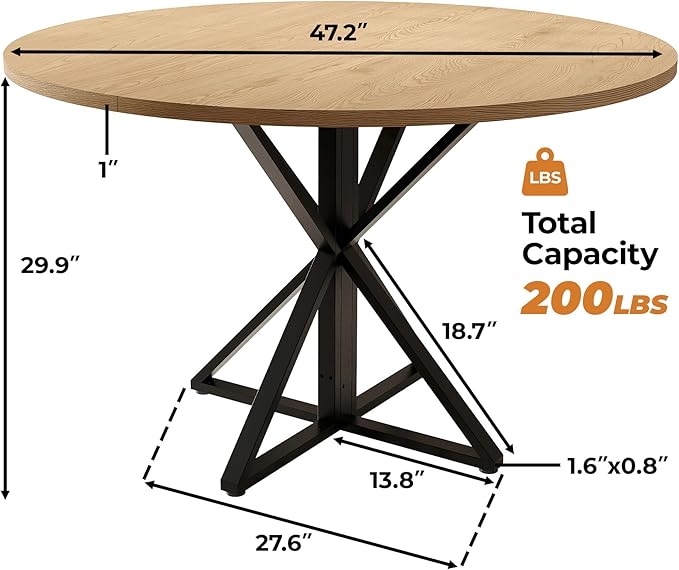 GarveeHome 47 inch Round Dining Table for 4, Oak, Farmhouse Wood Circle Pedestal Kitchen Table, Circle Dinner Table for Kitchen & Dining Room