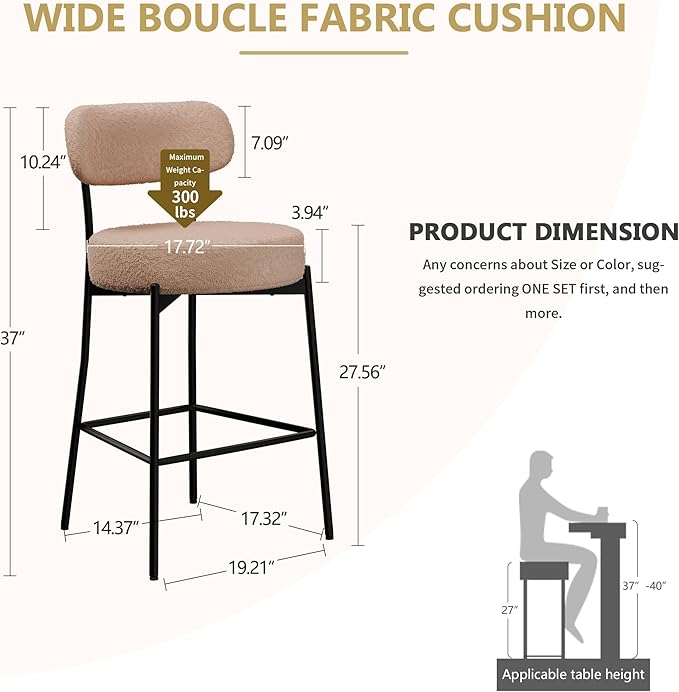 DYHOME Bar Stools Set of 3, Beige 27.56 Inches Counter Height Bar Stools with Back, Mid-Century Modern Bar Chairs for Kitchen Island, Dining Room