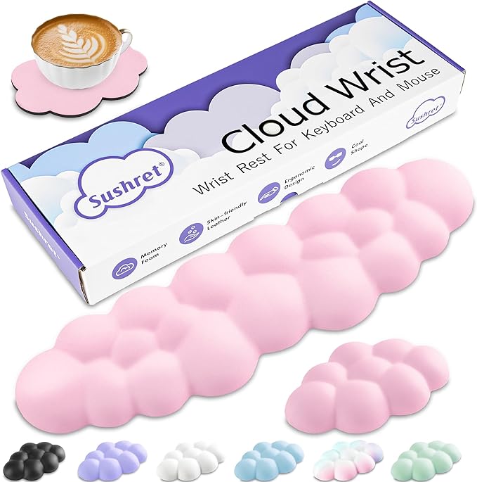Cloud Wrist Rest Keyboard, Cloud Keyboard Wrist Pad Set with PU Leather Memory Foam, Cute Arm Rest for Palm Support, PC/Gaming Desk Accessories/Office Setup/Computer Hand Cushion - Pink