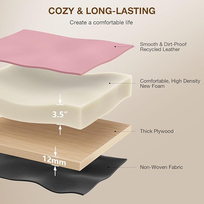 18-Inch Leather Vanity Stool Chair, Vanity Bench with Metal X-Leg, Ottoman Accent Stool with Thick Padded Saddle Seat, Pink