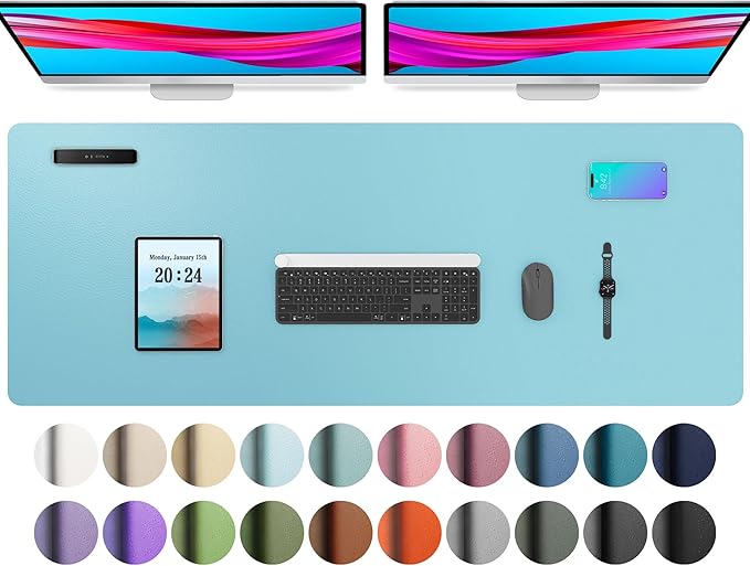 Aothia Large PU Leather Desk Pad Protector – Non-Slip Mouse Pad & Writing Mat for Office/Home, Waterproof, Easy to Clean (48" x 17", Blue Topaz)