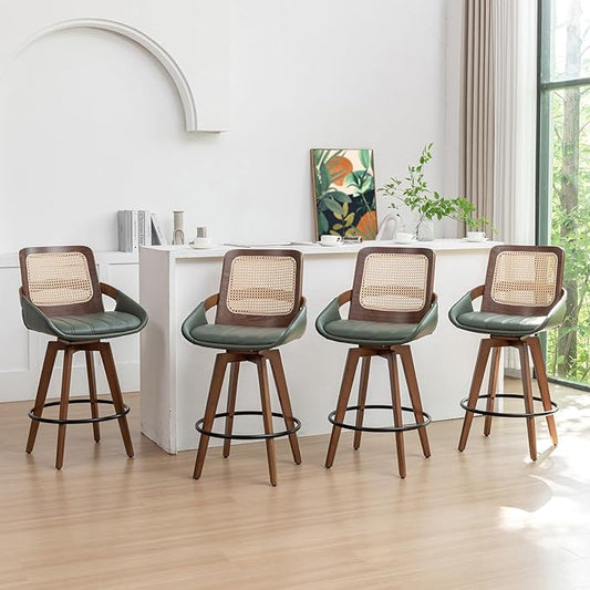 Counter Stools Set of 4 - 26.4 inch Counter Height Swivel Bar Stools with Cane Back, Curved Arms, Faux Leather Upholstered Seat, Counter Chairs for Island/Pub/Kitchen/Cafe (26" Seat Height, Green)