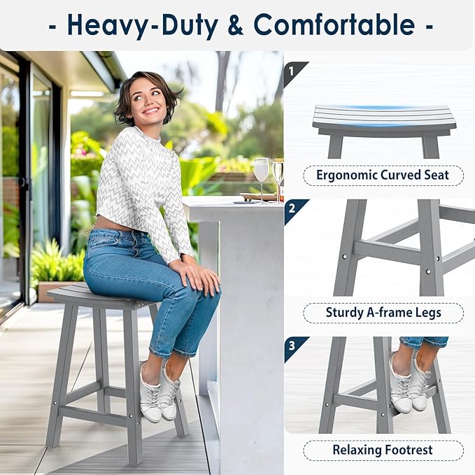 nalone 24 Inch Outdoor Bar Stool, HDPE Bar Chairs with Footrest, Weather Resistant Waterproof Bar Stools Outside Bar Height Stools for Bar, Kitchen Counter, Yard, Balcony (Grey, 24'' Barstools)