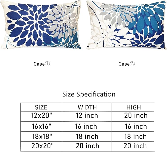 Blue Decorative Throw Pillow Covers 12x20 Inch Pillow Covers for Couch Living Room Bedroom Car Outdoor.Modern Sofa Throw Pillow Cover.Farmhouse Geometric Floral Linen Square Pillow Case.Set of 2