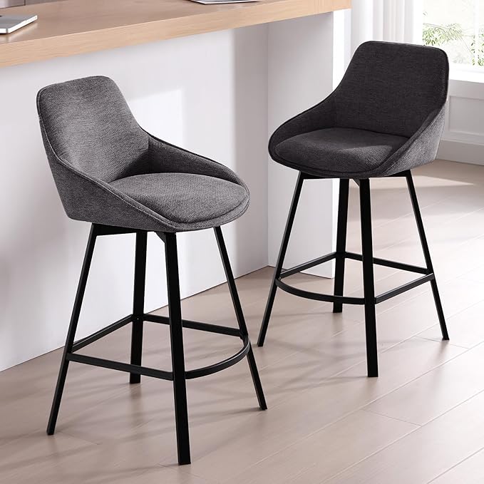 Zesthouse Swivel Bar Stools Set of 2, Modern Counter Height Barstools with Backs, 26'' Upholstered Linen Fabric High Chairs for Island Kitchen, Counter Height Chairs with Metal Legs, Dark Grey