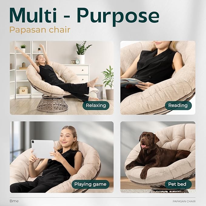 Bme 40" Ergonomic Wicker Papasan Chair with Soft Thick Cushion & Frame, 360° Swivel, Circle, Reading, Comfy Chair for Living Room, Bedroom