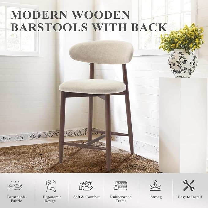 COLAMY Counter Height Bar Stools Set of 3, Upholstered Barstools with Back, Mid Century Modern Stools with Wood Legs for Kitchen Island Dining Room, Beige