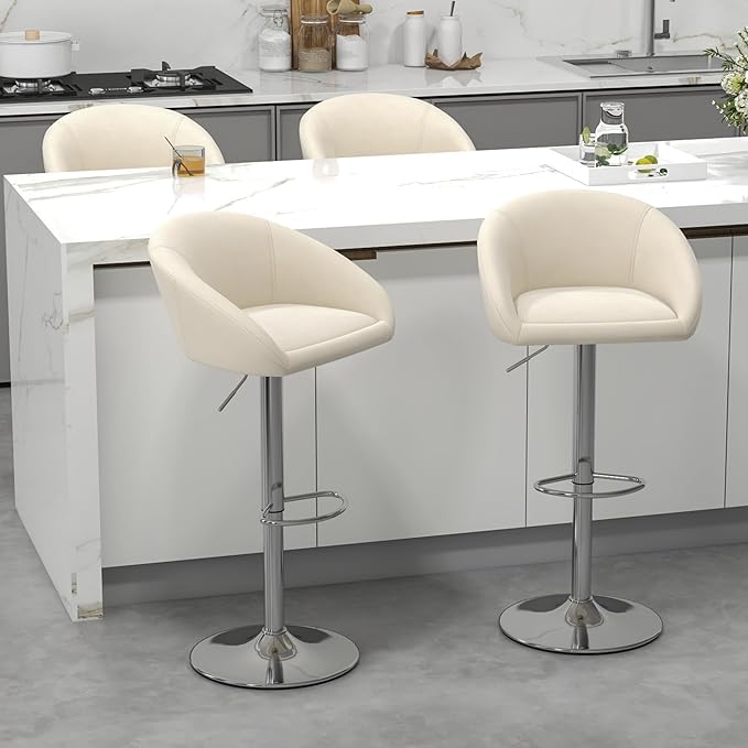 KCC Velvet Bar Stools Set of 6, Counter Height Bar Stools with Low Back, Swivel Barstool for Kitchen Island, Bar Pub (Begie)
