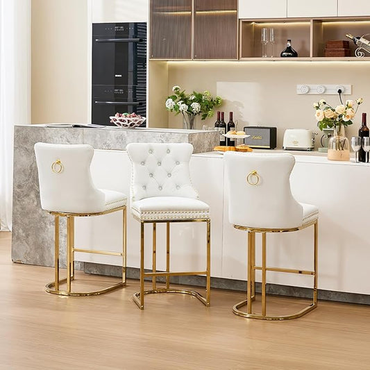 UVV Counter Height Bar Stools Set of 3, 26" Modern Barstools with Back, Faux Leather Upholstery Counter Chairs with Metal Legs for Kitchen Island, Bar, Counter, White