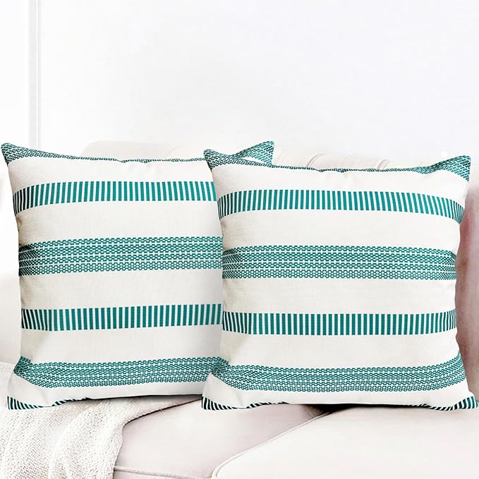Decorative Throw Pillow Covers Set of 2 Teal Blue Boho Striped Pillow Covers 16x16 Inch Throw Pillow Cover Linen Pillowcase Farmhouse Outdoor Pillow Covers for Couch Sofa Bed Living Room