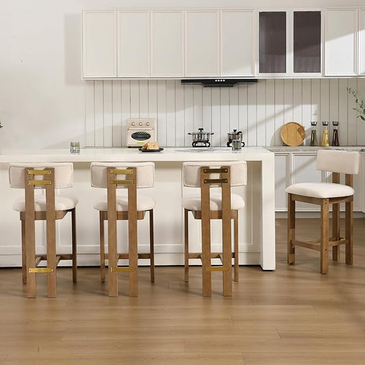 26” Counter Stools Set of 4 Counter Height Bar Stools with Back and Solid Wood Legs Modern Farmhouse Linen Upholstered Kitchen Bar Stools Countertop Chairs, Beige