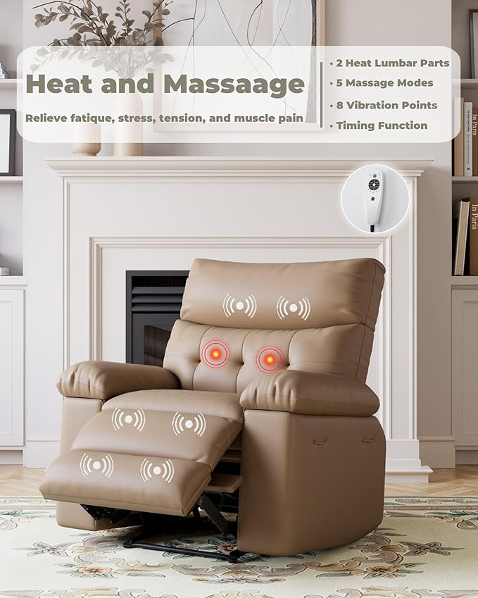 Garvee Oversized Recliner Chair Living Room Recliner Adjustable Backrest & Footrest 1.5X Sponge Filling with Massage & Heat - Khaki