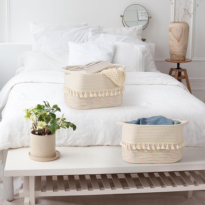 TeoKJ Woven Baskets for Storage, Set of 3 Cotton Rope Basket with Handle for Decor and Storage, Cute Baskets for Organizing in Classroom, Kitchen, Bathroom, White & Stitches Rainbow