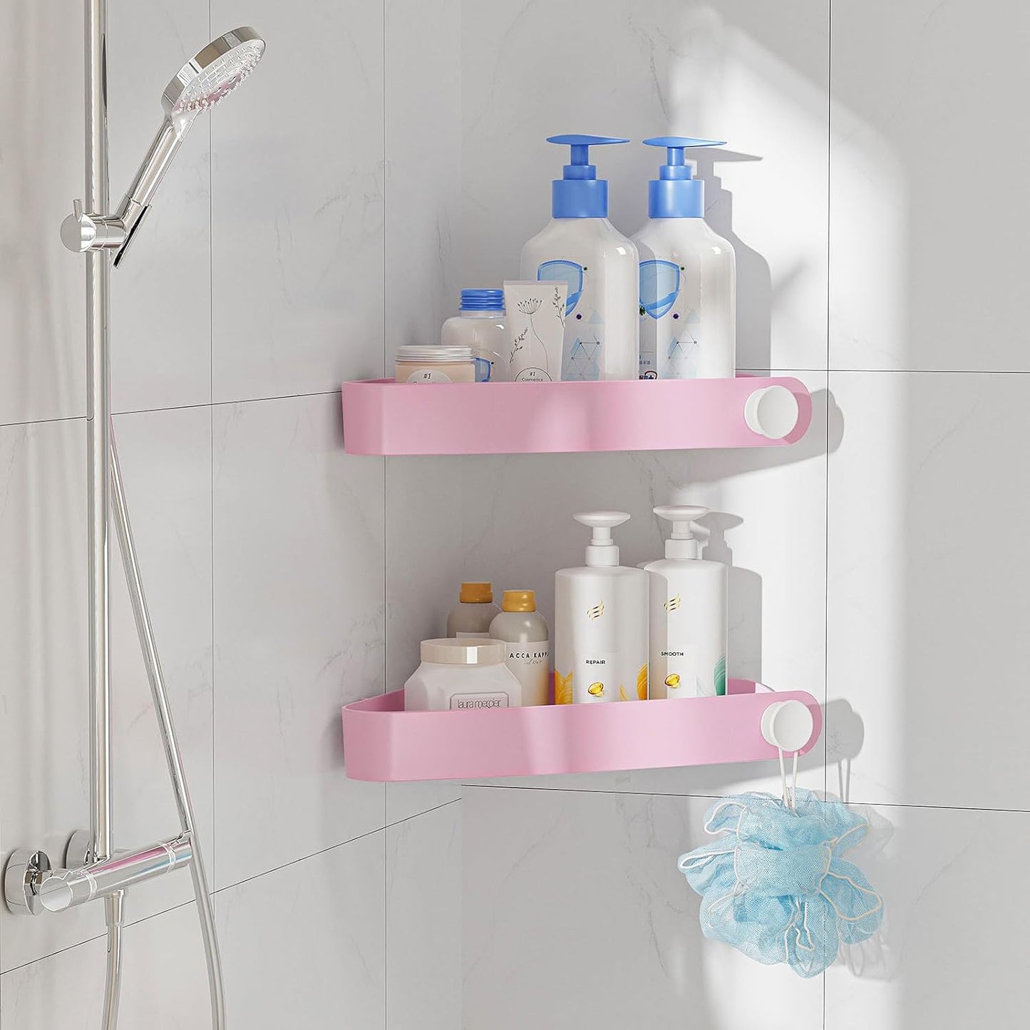 Sotfamily Shower Caddy Corner, 2 Pack Adhesive Corner Shower Shelves for Bathroom Organizers and Storage, Rust Free Plastic Rack for Bathroom Accessories & Decor, Pink