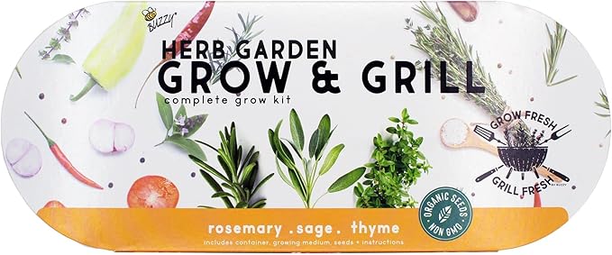 BUZZY Seeds Rosemary, Dill, and Thyme Grow & Grill Herb Kit, Indoor Seed Starter with Decorative Hammered Metal Windowsill Planter and Growing Medium - Easy Gardening Gift for Cooks & Beginners