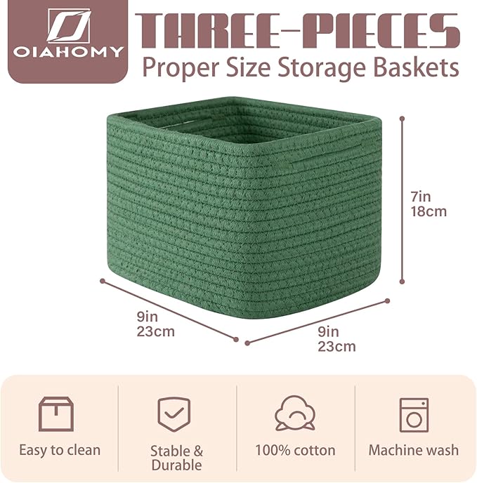 OIAHOMY 9”x9”x7” Storage Cubes, Cotton Rope Woven Baskets for Organizing, Cube Storage Bin, Small Gift Basket for Shelf, 3-Pack, Green