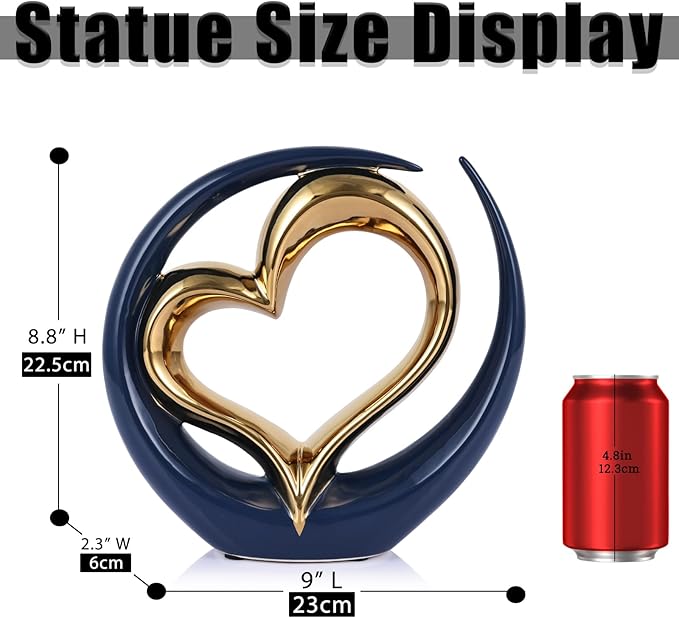 Ceramic Heart Decor Love Statue, Navy Blue Gold Double Hearts Sculptures for Home Table Centerpiece Decor, Valentine, Wedding, Decorative Items for Shelves, Coffee Table Decor (Hug Heart-Round)