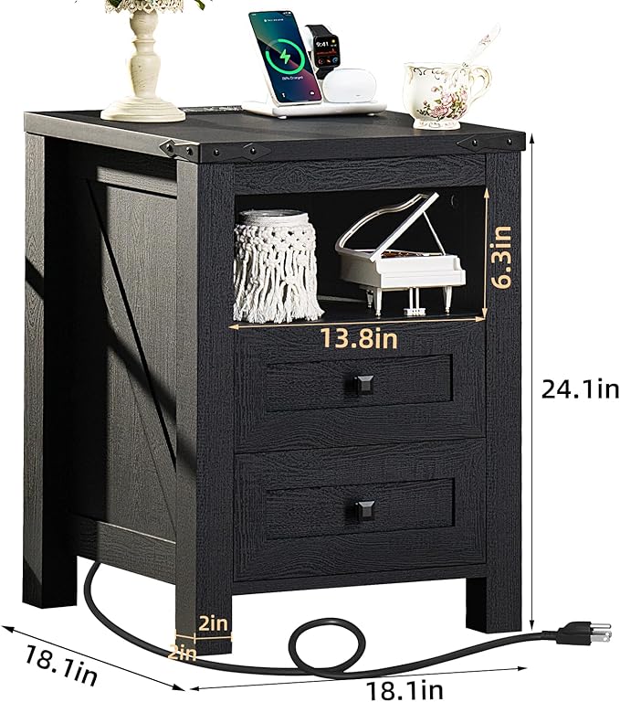 Nightstand with Charging Station, Farmhouse Night Stand with 2 Drawers and Shelf Storage, Wooden Side End Table, Bedside Cabinet for Bedroom, Living Room, Closet, Office (Black)