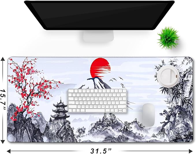 Gaming Mouse Pad Ink Pattern, 31.5x15.7 Inch Waterproof Computer Big Mousepad Non-Slip Mouse Mat Rubber Base and Stitched Edges for Game Players, Office, Study, Esports Pros, Home