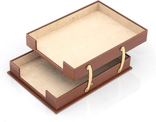 Leather Document Tray Double-Desk Organizer-Office Accessories-Desk Accessories-Office Supplies-Office Organizer - Office Gifts (Tan)