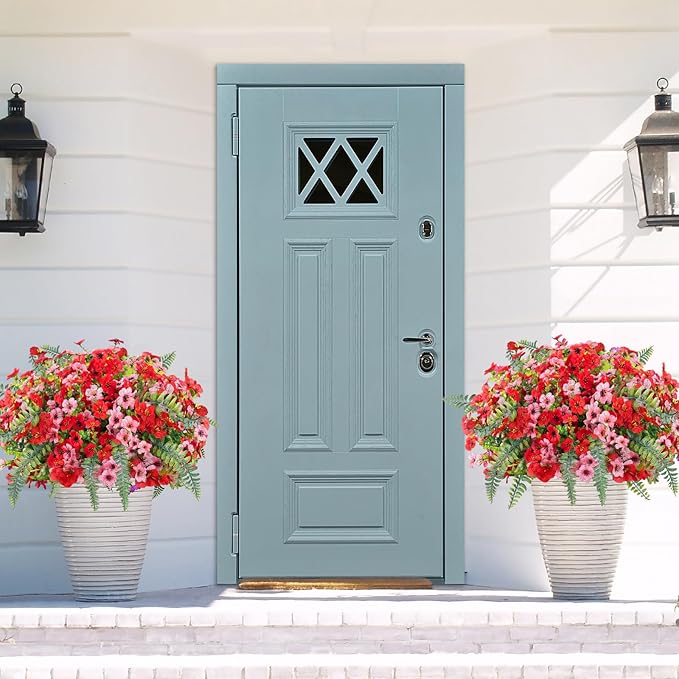 Artificial Faux Plants Flowers Outdoor Decoration,16 Bundles Fake Silk Colorful Daisy Eucalyptus Realistic UV Resistant for Outside Home Planter Porch Patio Yard Decor (red Pink)