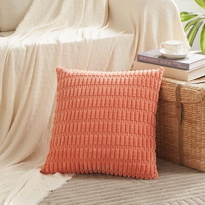 Fancy Homi 4 Packs Boho Coral Decorative Throw Pillow Covers 24x24 Inch for Living Room Couch Bed Sofa, Rustic Modern Farmhouse Home Decor, Soft Plush Corduroy Peach Cute Square Cushion Case 60x60 cm