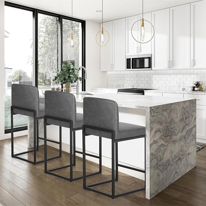 PHI VILLA Grey Bar Stools Set of 4 - Counter Height 24'' Bar Stool Pu Leather Kitchen Modern Bar Chairs, Bar Stools with Back