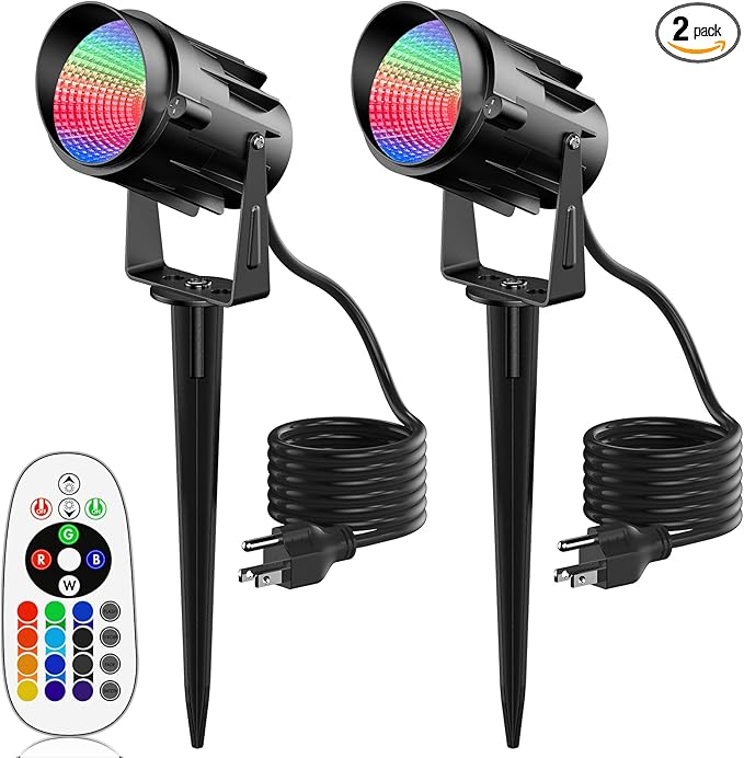 Halloween Outdoor Spot Lights RGB Spotlight 12W Color Changing Landscape Lights with Remote for Tree Yard Garden Pathway 120V Waterproof Landscape Outdoor Spotlight for Christmas Decorations (2 pack)