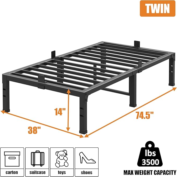 FUIOBYVV Twin Bed Frames, 14 Inch Heavy Duty Metal Platform Bed Frame Twin Size Support Up to 3500 lbs, No Box Spring Needed, No Shaking, Steel Slat Support, Noise Free, Easy Assembly