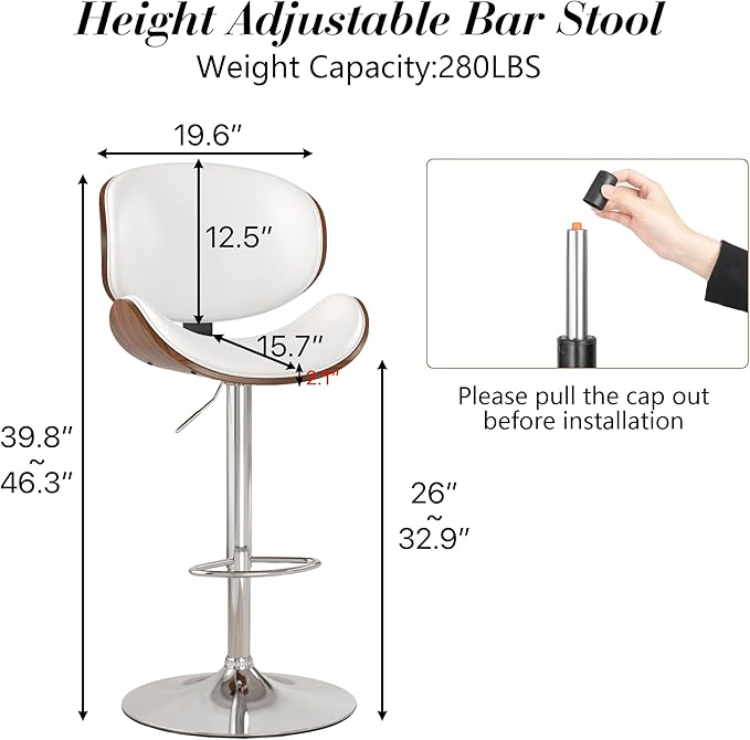 KCC Bar Stools Set of 4, Swivel Adjustable Height Barstools, PU Leather Upholstered Bar Chairs with Footrest, Bentwood Bar Stool for Kitchen, Bar, Dining Room(White PU)