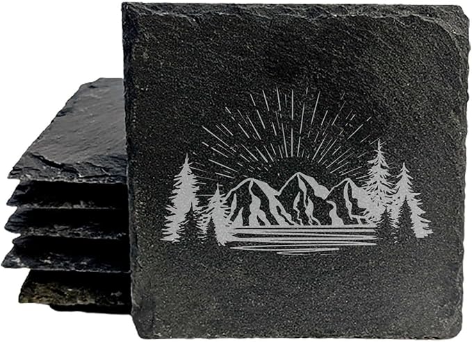 Mountain Majesty Slate Coasters with Stunning Mountain Scene Design - Perfect for Home and Office Decor and Protection of Surfaces, Available in Square or Round Coasters - Square Slate - Set of 6