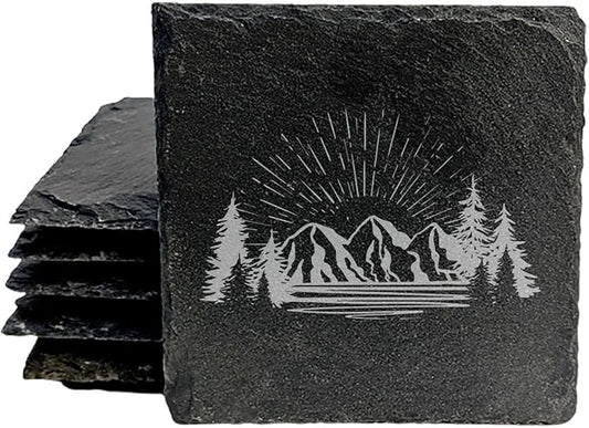 Mountain Majesty Slate Coasters with Stunning Mountain Scene Design - Perfect for Home and Office Decor and Protection of Surfaces, Available in Square or Round Coasters - Square Slate - Set of 6