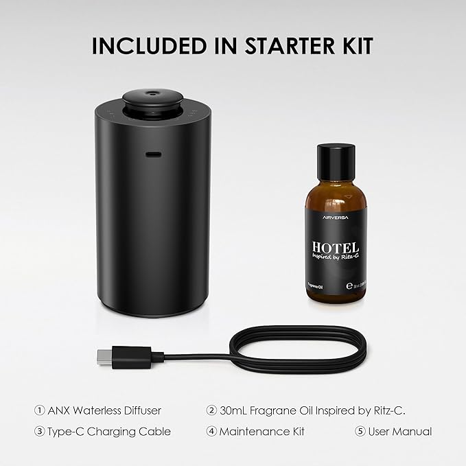 Waterless Essential Oil Diffuser Starter Kit with 30mL Hotel Scent Fragrance Oil Inspired by Ritz-C., Battery Operated Premium Portable Mini Scent Air Machine for Home Car Office, Black ANX