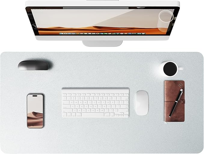 YSAGi Leather Desk Pad Protector, Office Desk Mat, Large Mouse Pad, Non-Slip PU Leather Desk Blotter, Laptop Desk Pad, Waterproof Desk Writing Pad for Office and Home (Silver, 23.6" x 13.8")