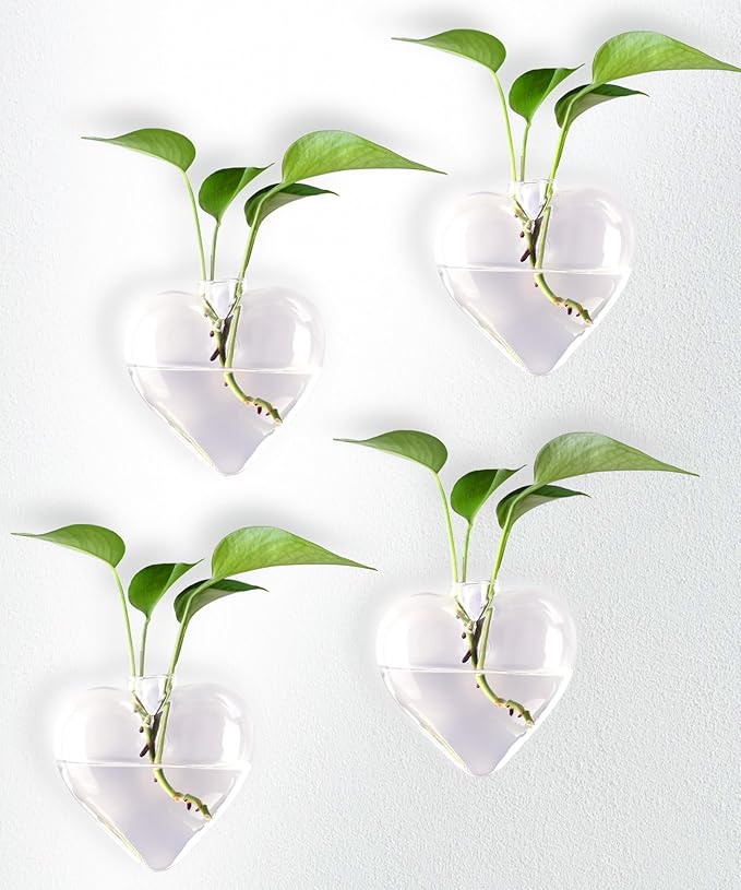 Nacome Wall Hanging Glass Planter Terrarium Plant Propagation Station, 4 Pack Heart Shape Vase for Hydroponic Home Office Garden Decor,Unique Gardening Gifts for Plant Lovers Women Mom