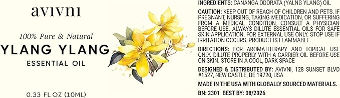 Ylang Ylang Essential Oil - 100% Pure & Natural, Organic, Undiluted for Aromatherapy, Hair, Diffuser (0.33oz - 10ml)