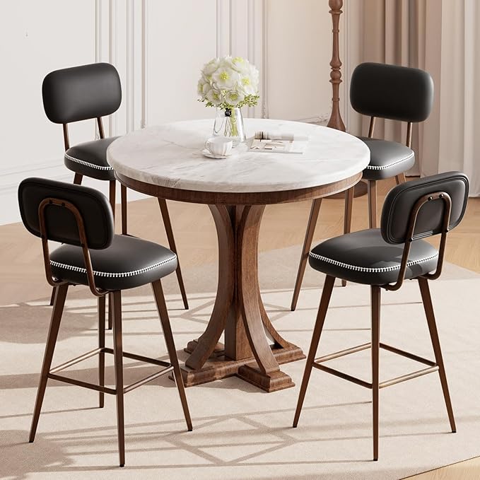 Swivel Bar Stools Set of 3, Mid Century PU Leather Counter Height Bar Chairs with Low Back and Metal Legs, Modern Bar Stool Chair for Kitchen Island, Black