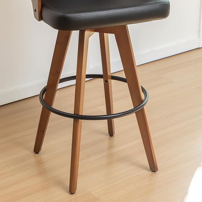26.7” Swivel Bar Stools Set of 3,Black Faux Leather Counter Height Stools with Armrest and Fishtail-Shaped Back,Mid Century Modern Barstools,Walnut Bar Chair for Kitchen Island or Home Bar