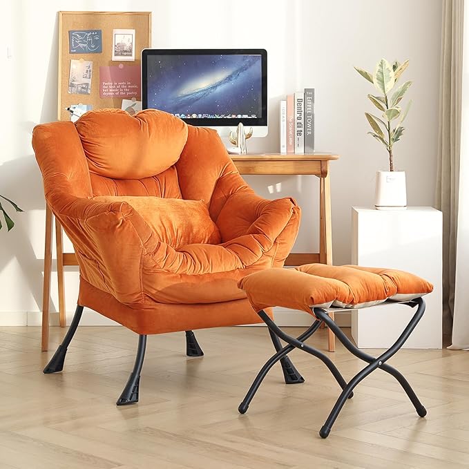 Lazy Chair with Ottoman, Modern Accent Chair with Lumbar Pillow, Comfy Chairs with Folding Footrest for Bedroom, Reading, Oversized Supportive Lounge Chairs(Velvet Orange)