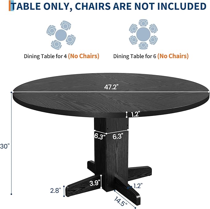 Garvee Round Dining Room Table for 4-6, 47" Wood Kitchen Table with Sturdy Pedestal Base, Farmhouse Circle Dinner Tables for Living Room, Apartment, Black