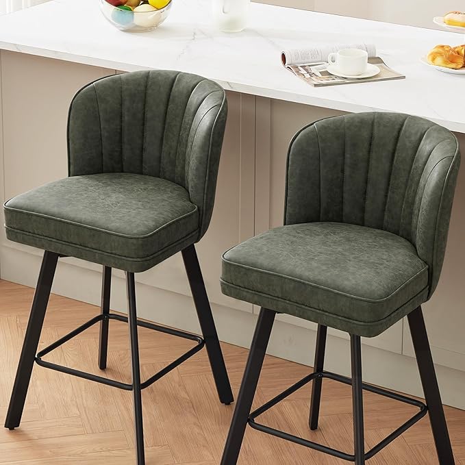 Swivel Counter Height Bar Stools Set of 3, 26'' Modern Barstools with Backs and Metal Legs, Upholstered Bar Chairs, Faux Leather Green Stools for Kitchen Island Chairs