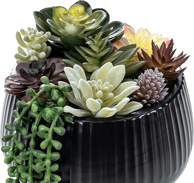 MyGift 8 Inch Modern Green Artificial Succulent Arrangement Potted in Matte Black Fluted Ceramic Round Planter, Decorative Plant Pot with Assorted Faux Mini Succulents