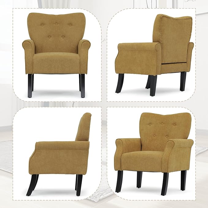 Athena Collection Mid Century Modern Chair for Living Room, Upholstered Wingback Reading Chair for Adults, Comfy Linen Fabric Armchair with Wooden Legs for Bedroom, Dorm, Balcony, Yellow