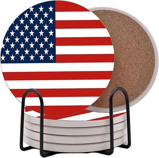 USA American Flag United States Round Coasters Set of 6 - Abosrbent Ceramic with Metal Stand for Drinks, Coffee, Non-Slip Cork Back for Tabletop Protection, 4 Inches (Old Glory)